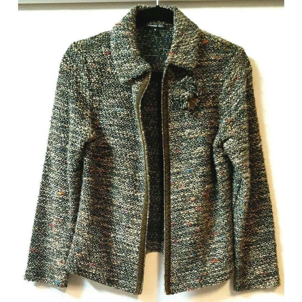 Cynthia Max Size Small Brown Open Front Cardigan  Boucle Tweed Attached  Pin USA